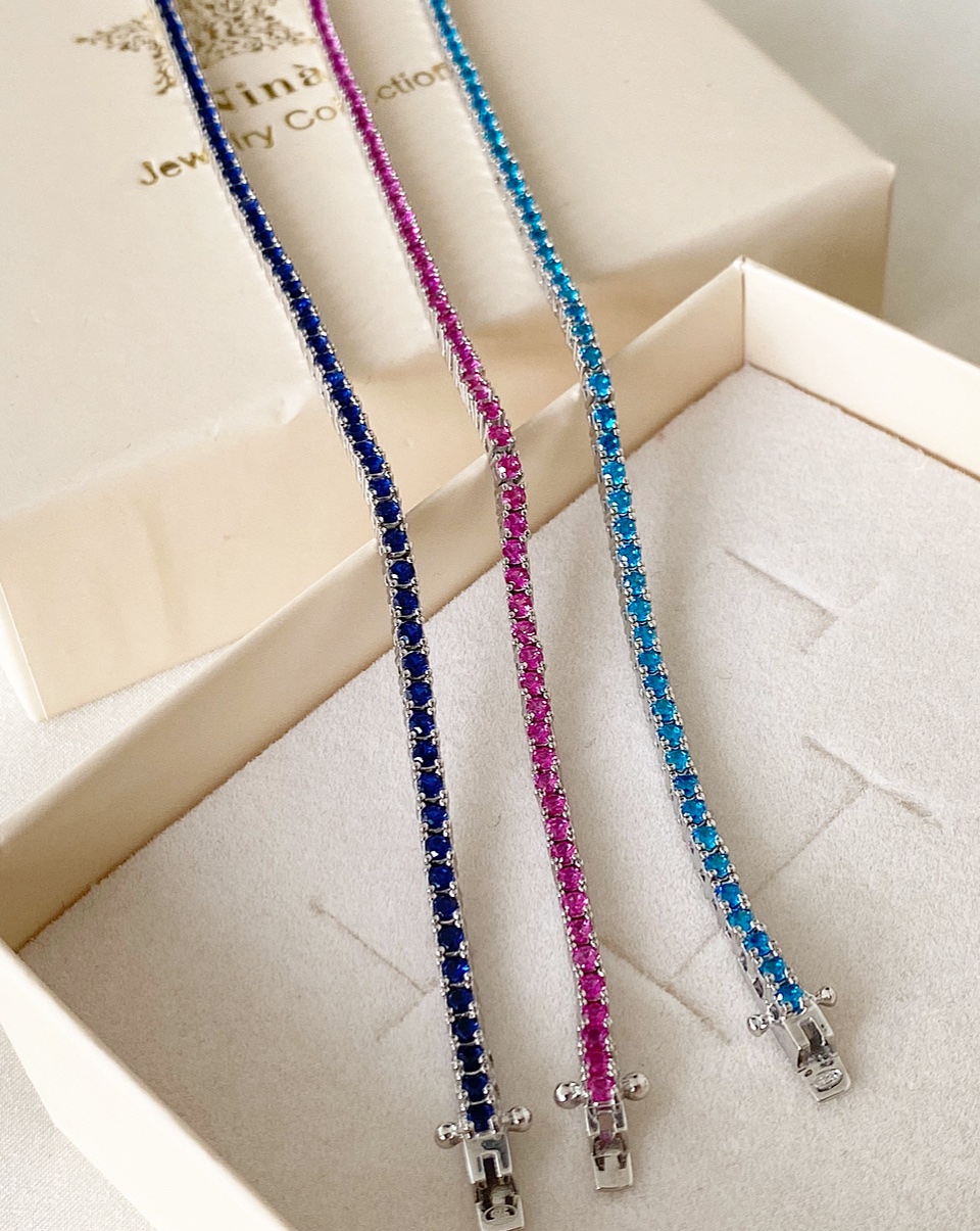 Bracciale tennis 2 mm blu, fucsia , turchese