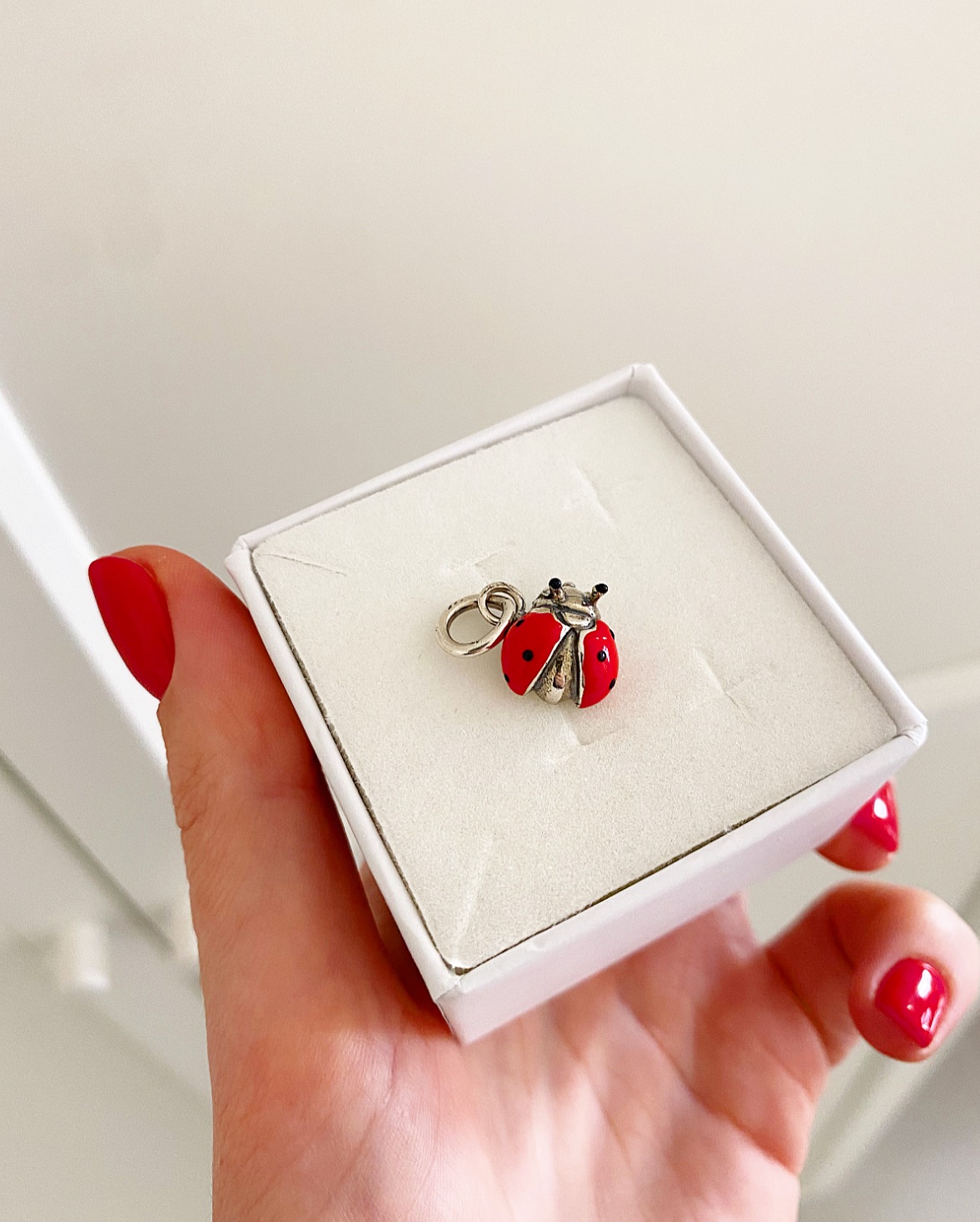 Ciondolo coccinella bombata brunita e rossa